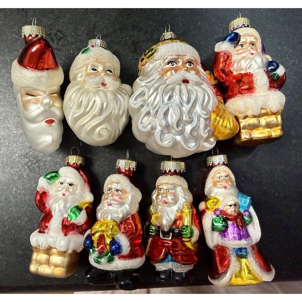 8 Vintage Style Glass Santa Christmas Ornaments Made in China Glitter Figural